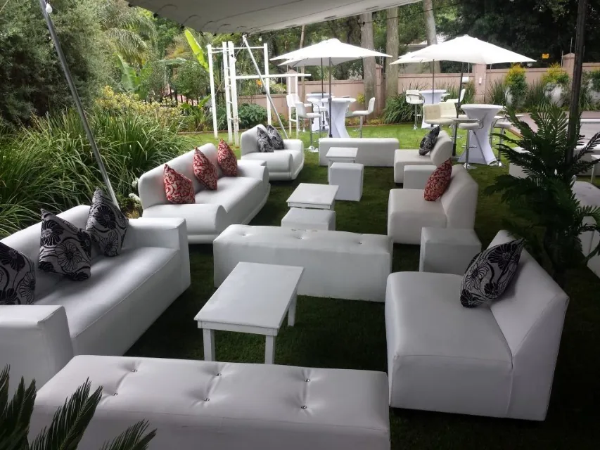 Outdoor lounge and cocktail furniture package under garden umbrellas — specials and packages event hire Gauteng