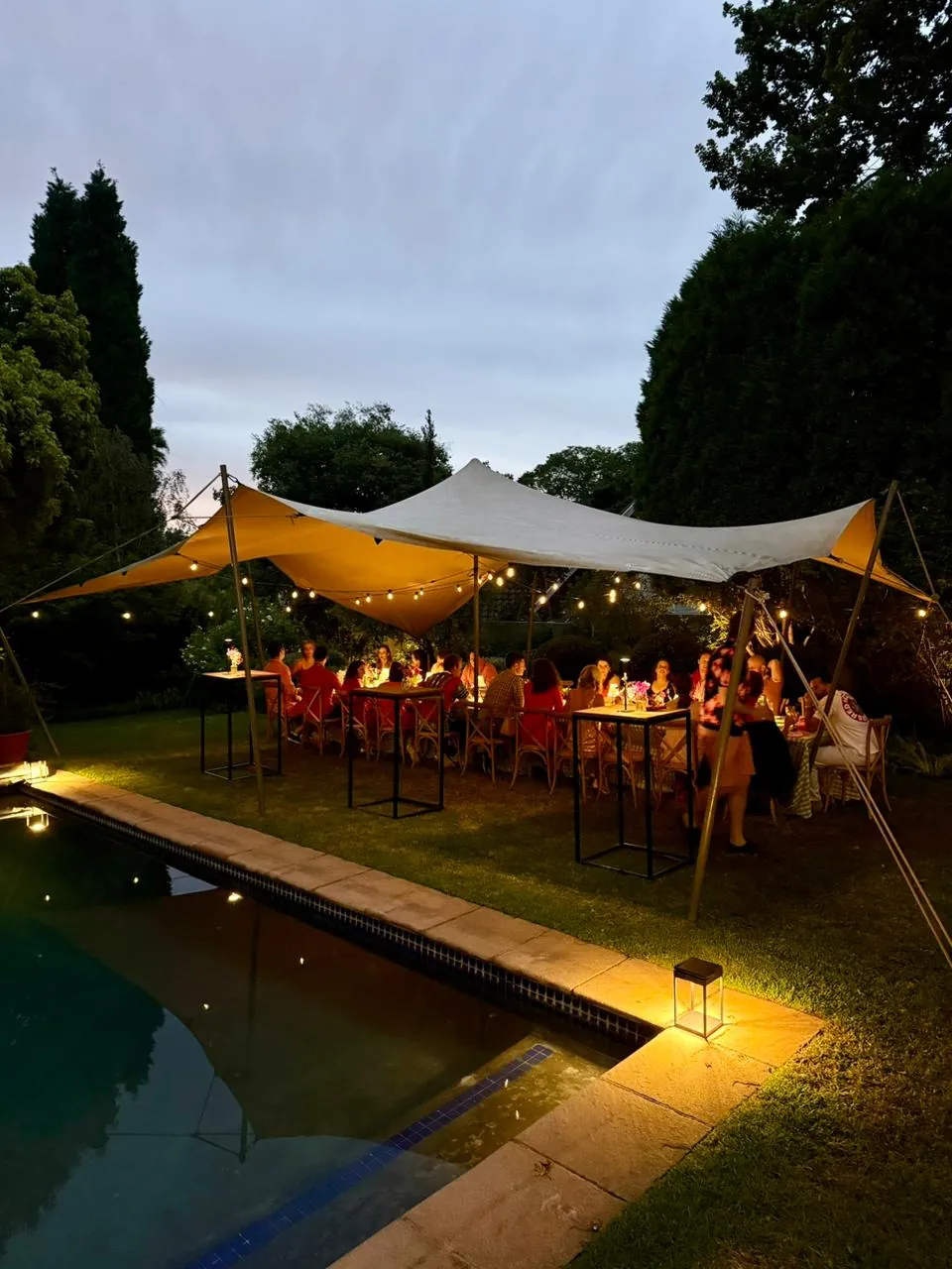 Stretch tent hire at night dinner party poolside with fairy lights — Johannesburg Gauteng