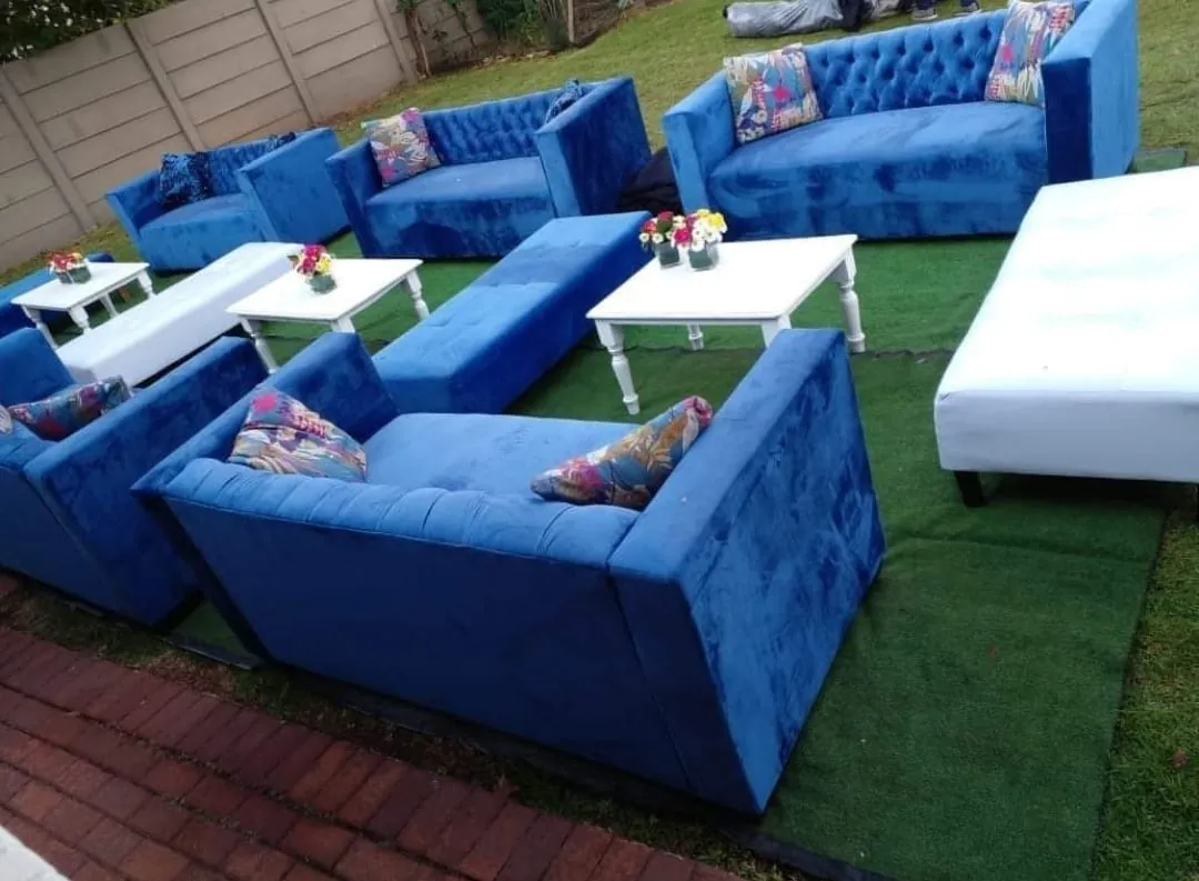 Royal blue velvet Chesterfield couches outdoor garden event — lounge furniture hire Gauteng
